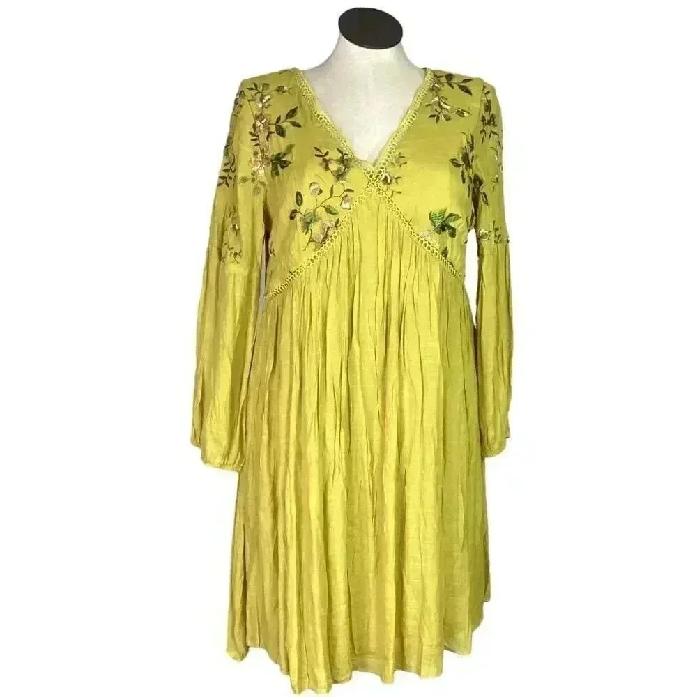 J Gee Dress Womens 1X Green Bohemian Boho Floral Embroidered Long Sleeves NEW